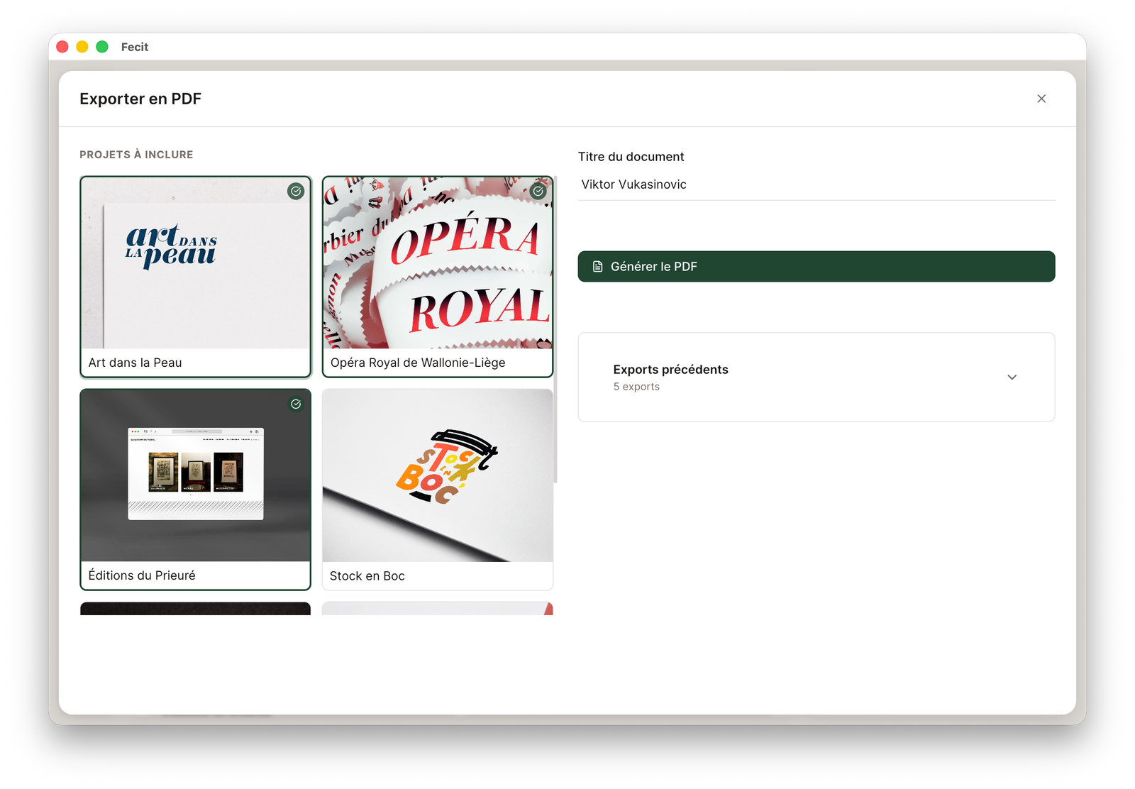 Fecit — sélectionner des projets et exporter en PDF